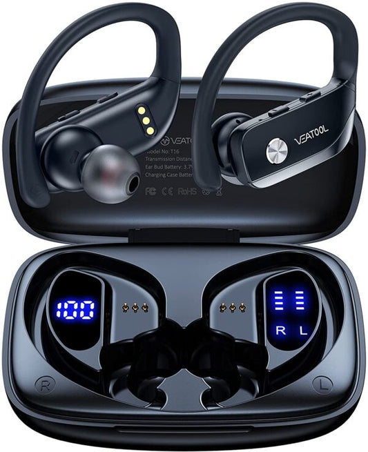 Wireless Earbuds Bluetooth Headphones 48hrs Play Back Sport Earphones with LED Display Over-Ear Buds with Earhooks Built-in Mic Headset