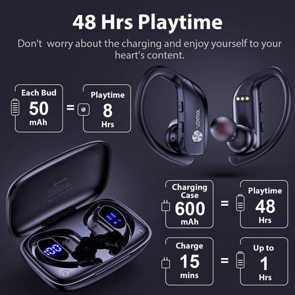 Wireless Earbuds Bluetooth Headphones 48hrs Play Back Sport Earphones with LED Display Over-Ear Buds with Earhooks Built-in Mic Headset
