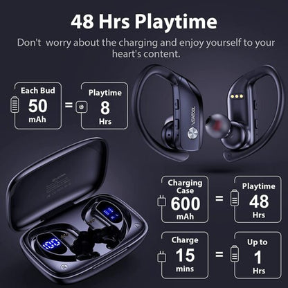 Wireless Earbuds Bluetooth Headphones 48hrs Play Back Sport Earphones with LED Display Over-Ear Buds with Earhooks Built-in Mic Headset