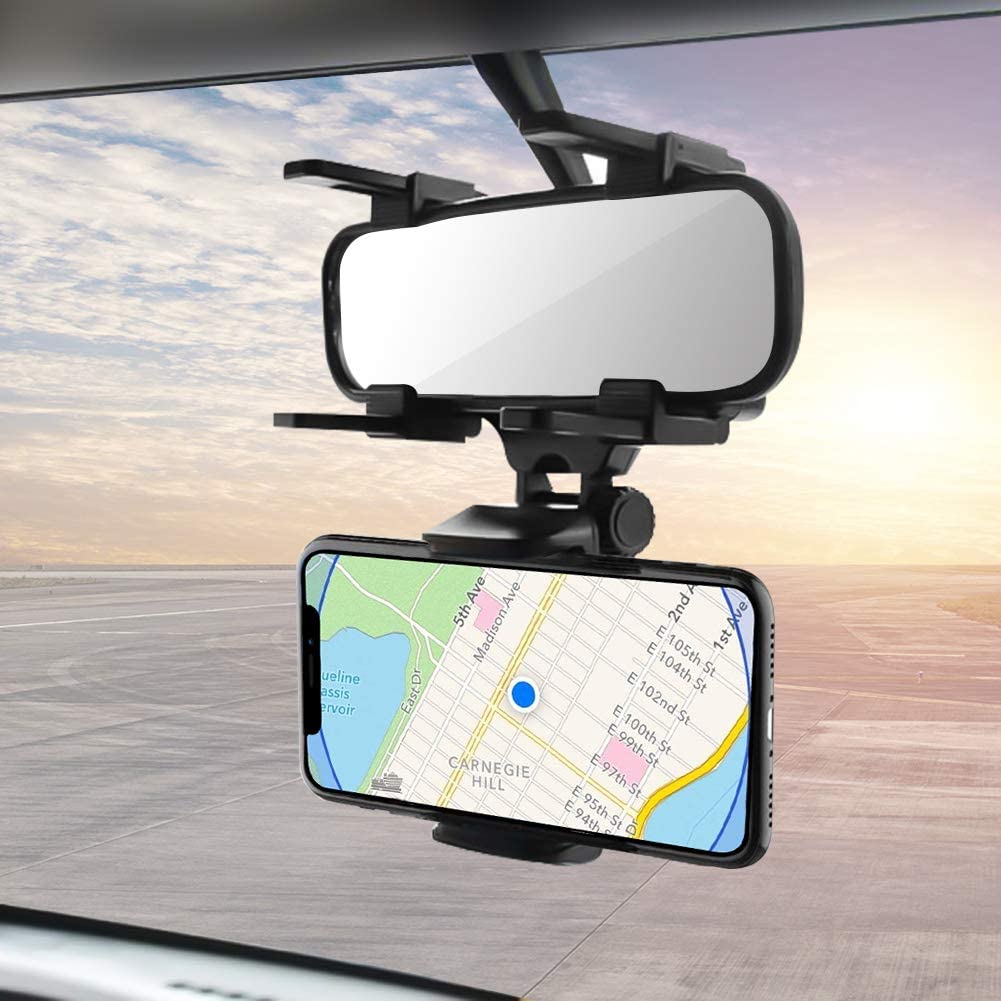Car Rear View Mirror Mount Mobile Holder for Windshield Supports All Mobiles in Portrait & Landscape Up to 6.5 inch