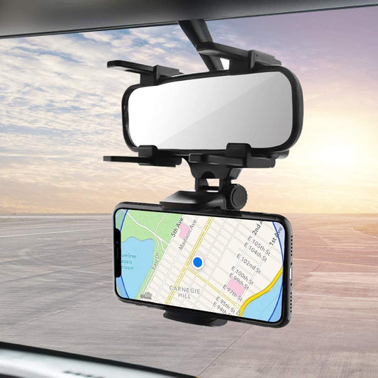 Car Rear View Mirror Mount Mobile Holder for Windshield Supports All Mobiles in Portrait & Landscape Up to 6.5 inch