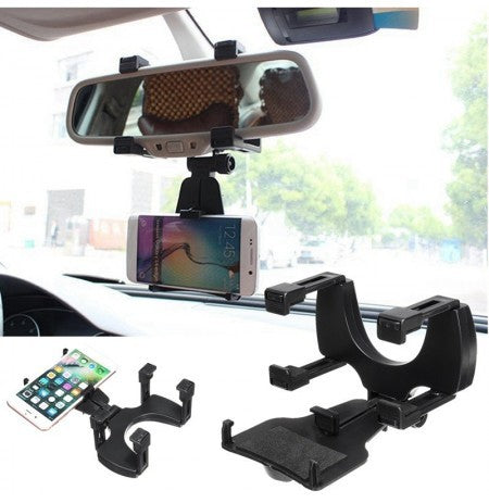 Car Rear View Mirror Mount Mobile Holder for Windshield Supports All Mobiles in Portrait & Landscape Up to 6.5 inch